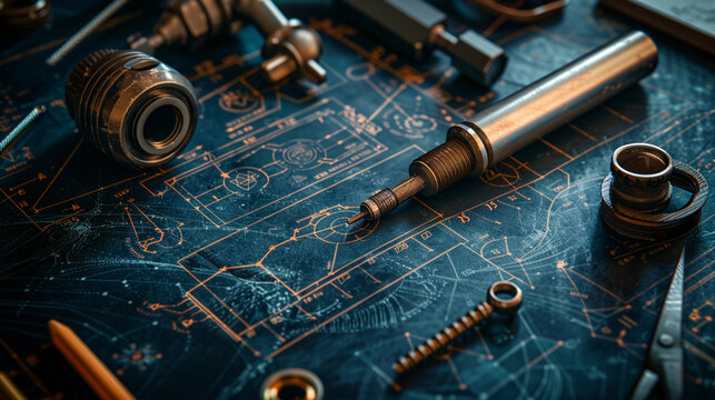 Innovative engineering gadgets and prototypes on blueprint background