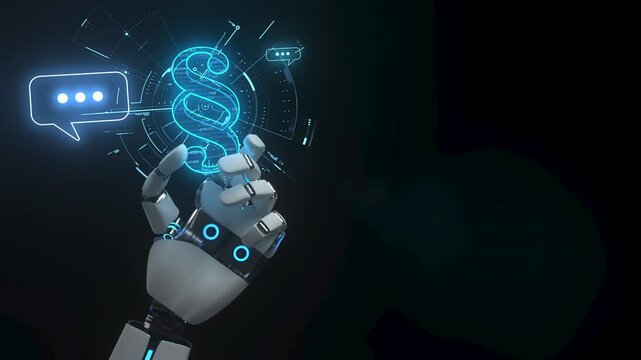 4k 3D Rendering Video Humanoid Robot Hand Paragraph Speech Bubbles. ProRes 4444.