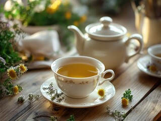 Fototapeta premium A white tea cup with a floral pattern sits on a wooden table. A teapot is placed next to the cup. The table is covered with flowers and a white cloth. Concept of relaxation and warmth