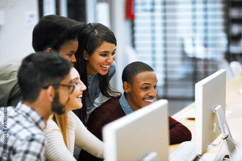 Fototapete people, education and computer lab in university with teamwork, collaboration and success in it cour