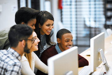 People, education and computer lab in university with teamwork, collaboration and success in IT course. Students, technology and scholarship in college with desktop, internet and software in research