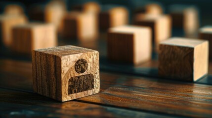 A wooden block with a person drawn on it is placed on a wooden surface. Concept of importance and significance, as the person is the central focus of the scene