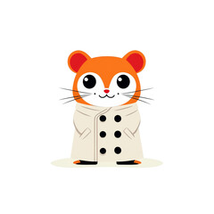 A cute cartoon hamster wearing a white coat with black buttons.