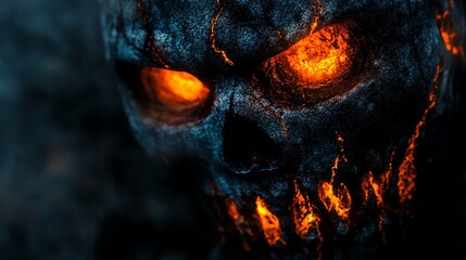 Creepy Halloween mask on a dark background, glowing eyes, sinister expression, eerie shadows