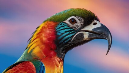 A vibrant parrot with colorful feathers against a soft pastel sky.