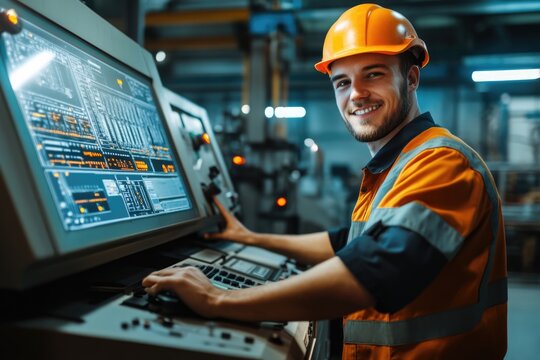 Male engineer operating CNC machine at factory workshop.