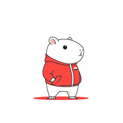A cute white hamster wearing a red hoodie, standing on a red platform.