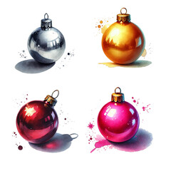 watercolor Christmas violet, beige, orange, rainbow balls on isolated white background