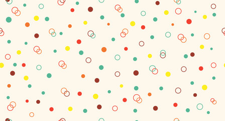 Cute horizontal pattern of multi color  confetti, polka dots, on a light background, hand drawn illustration