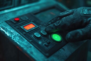 Dirty gloves press the green start button on the CNC machine control panel.