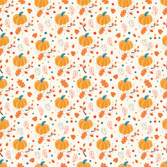 Vector illustrations. Autumn seamless pattern,  pumpkin pattern with leaves. Cute freehand drawings to create a poster, card, wallpaper.