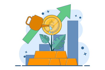 Gold bullion market analysis concept, Gold bullion with growing plant on isolated background, investment to increase income or profit. Digital marketing illustration