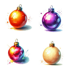 watercolor Christmas violet, beige, orange, rainbow balls on isolated white background