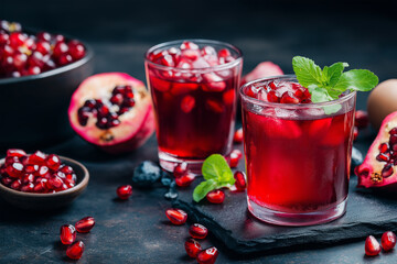 a glass of pomegranate juice on a table surrounded by pomegranates