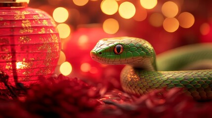 Fototapeta premium Graceful green snake gliding through festive red and gold decor with warm lantern glow