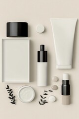 A collection of beauty products including a bottle of lotion, a tube of lip balm, and a bottle of perfume