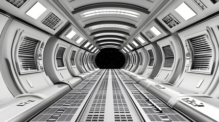 Futuristic corridor leading to a dark space.