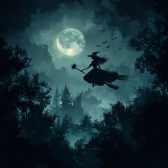 Witch flying on a broomstick over a dark forest, full moon in the sky, magical atmosphere, Halloween