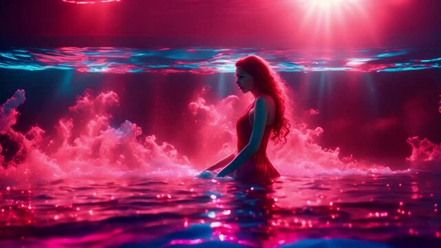 Sexy girl fashion model posing underwater dive for creative photo video shooting waving long legs hands. Fantasy queen woman swims in dark water neon light. silk long red dress. aqua studio pool 