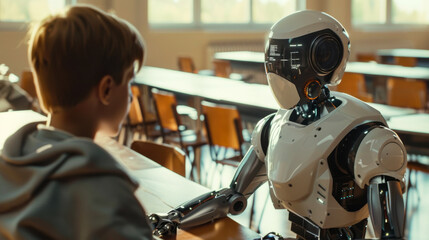Boy interacting with robot in classroom