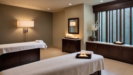 A serene spa room with massage tables, soft lighting, and calming decor for relaxation.