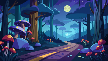 Night forest landscape with trees and road, glowworms and mushrooms shining in darkness. Wild wood fantasy background, dark mysterious place with plants under moonlight, Cartoon vector illustration