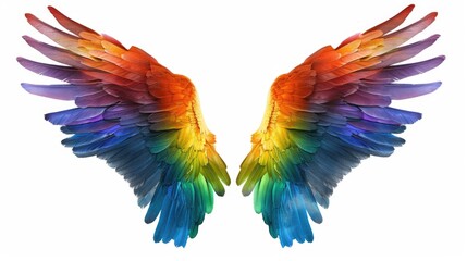 Obraz premium The wings of a colorful bird are shown in full color, with each feather displaying a different hue. Concept of freedom and beauty