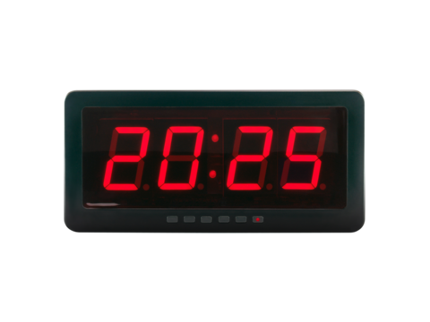 number 2025 illumination on electronic clock screen isolated on transparent, led sign showing time for beginning new year countdown