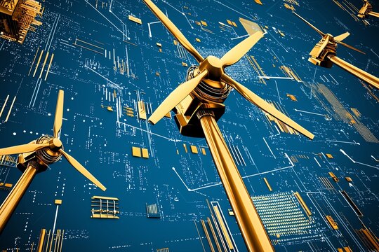 Futuristic wind turbines with a digital backdrop, illustrating renewable energy technology and innovation.