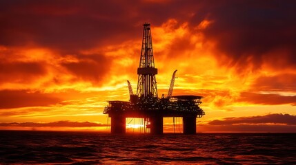 Obraz premium A sunset over the ocean with a large oil rig in the water