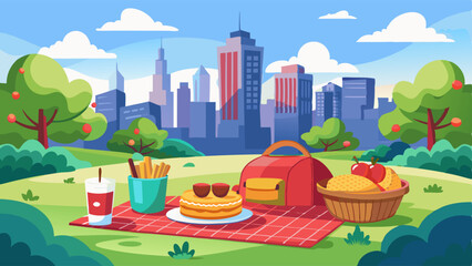 Picnic setup with food on red blanket and in wicker basket at city park over skyline of multistory buildings and clouds. Snacks and hamburger, cup of coffee and fruits on mat, lounge chair with hat.