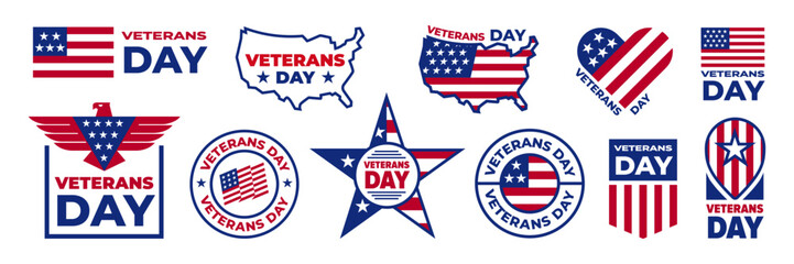Veteran's day flat style icon set. Veterans day honoring military. Veteran's day stickers with american flag, 11th November.