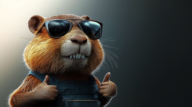 A cheerful cartoon groundhog in sunglasses gives a thumbs up, perfect for playful social media content and casual celebrations. Design for Wall Art, Poster Print, Wallpaper & Background