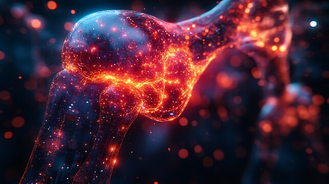 37. A stylized rendering of the hip joint, showing the intricate connection between the bones, with glowing neon outlines and futuristic textures to emphasize its form 