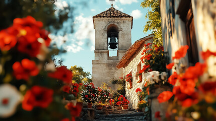 Charming belfry bell tower surrounded by vibrant flowers, perfect for event design, travel inspiration, or holiday decorations.