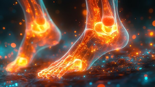 43. A stylized depiction of the tibia and fibula bones, with glowing ligaments and muscles visible, set against a vibrant, abstract backdrop of swirling lights and shapes 