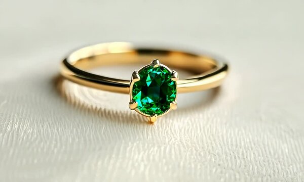 Shiny gold ring with emerald on white background, hyperrealistic Video