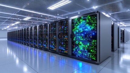 A modern data center with rows of illuminated server racks, glowing with blue and green lights, representing high-tech infrastructure and cloud computing