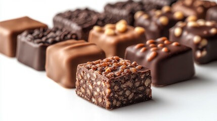 A close-up of assorted chocolates arranged on a white surface, showcasing different textures.