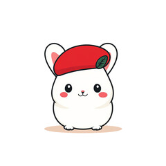 Cute white rabbit wearing a red beret with a green leaf.  Smiling with big eyes, sitting on a tan surface. Adorable and friendly.