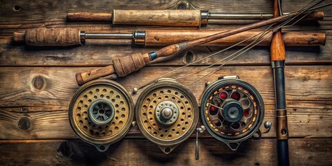 Obraz premium Vintage fly fishing gear with three old rods and reels