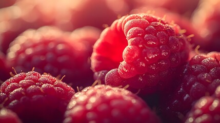 Close-up of fresh raspberries on a background, macro photography, focus on the center