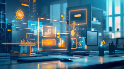 digital Process to increase work productivity concept visualization through virtual display of icons in modern office, digital management technology 