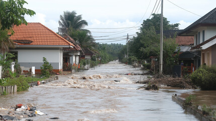A Flash flood sweeping through a small Village