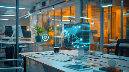 digital Process to increase work productivity concept visualization through virtual display of icons in modern office, digital management technology 