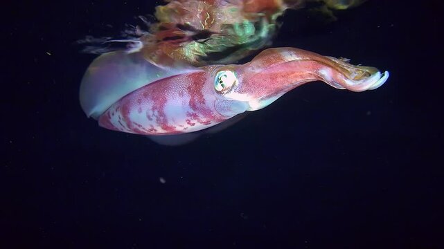 Bigfin reef squid (Sepioteuthis lessoniana) swims near the sea surface and is reflected in it, close-up.