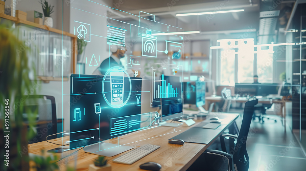 Poster digital process to increase work productivity concept visualization through virtual display of icons