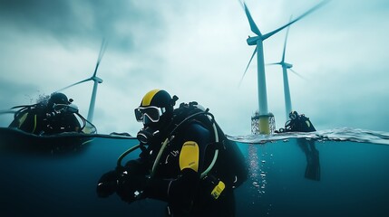 Team of Divers Working Underwater Near an Offshore Structure