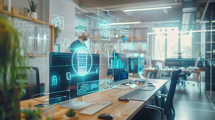 digital Process to increase work productivity concept visualization through virtual display of icons in modern office, digital management technology 