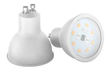 Two GU10 LED Bi-pin Light Bulbs with Twist Lock Base, 3D rendering isolated on transparent background